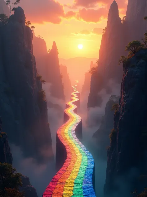 A breathtaking, fantastical scene featuring a long, winding **rainbow bridge** arching gracefully over a deep, mysterious chasm. The bridge is crafted from glowing, pixel-like planks that radiate the full spectrum of colors—red, orange, yellow, green, blue...