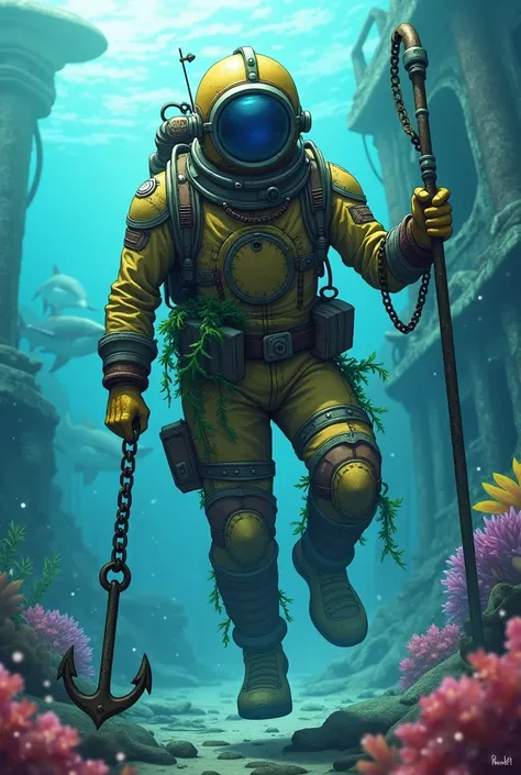 I want someone wearing a full mercury suit including the diving helmet Very old they are missing a green pile he is covered with seaweed in one hand he is holding a chain with an anchor and in the other he is holding a harpoon he is under the water and the...