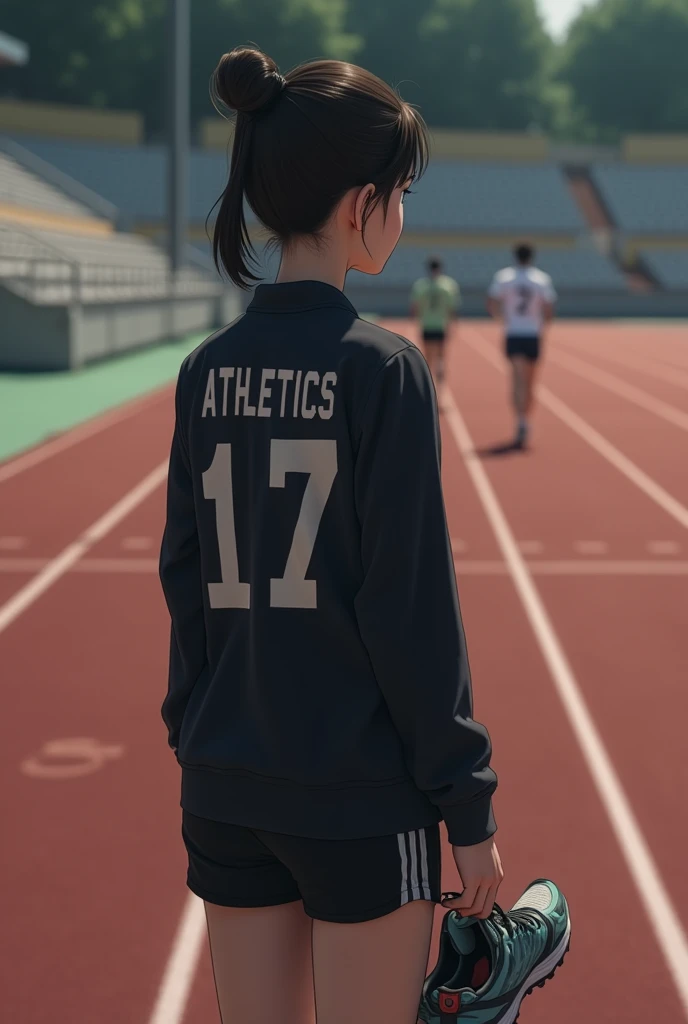 One with tight and long hair , wearing black mid-thigh sports shorts and a black long-sleeved blouse also with the number 17 and the name athletics written on the back of the blouse,  she has a pair of running shoes in her hand , looking at athletes runnin...