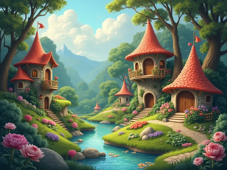  one picture on 4 picture sections and each section has its own fantasy fairy tale world . Animals and nature small fantasy houses elements very playful and harmonious  