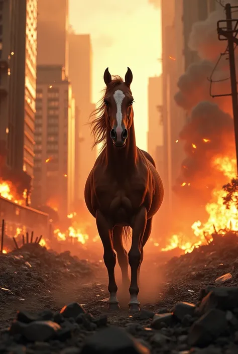 (photorealism:1.2)’—The city is consumed by fire and chaos horse, 