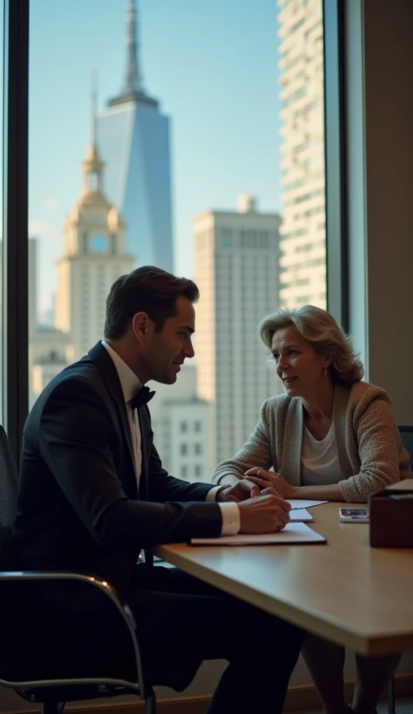 Un homme adulte en costume élégant, assis dans un bureau moderne avec une grande fenêtre donnant sur une ville animée. Il tient un trophée ou un document, tandis quun couple âgé (ses parents adoptifs) se tient derrière lui, émus et fiers. La scène est lumi...