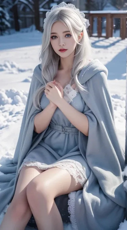 Reality, high resolution, 1 female, Solitary, (Lolita clothing)，Gorgeous clothing，Facing the audience，Upper part of the body，thigh， beautiful eyes, white hair, Dark circles under eyes, (external，heavy snow，Cloak，Covered with snow)，Snowfield，blue eyes，Illus...