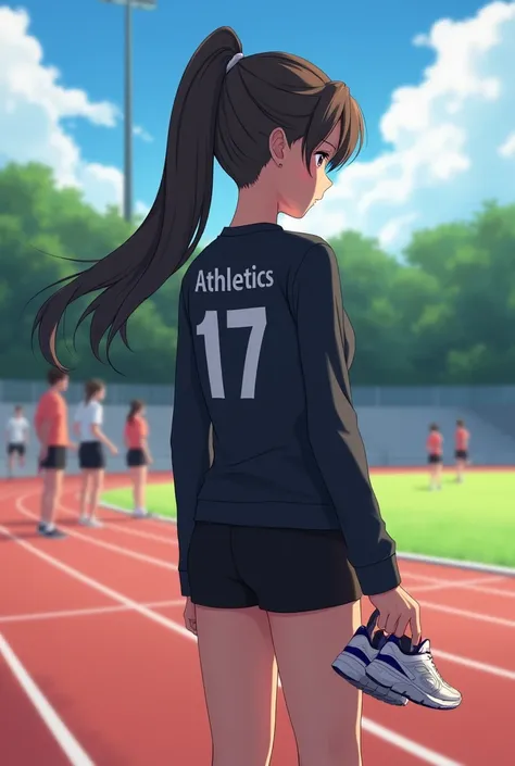 One with long ponytail hair ,  blouse wearing black mid-thigh sports shorts and a black long and tight sleeve blouse also with the number 17 and the name "Athletics" written behind the ,  she has a pair of running shoes in her hand , olhando atletas corren...