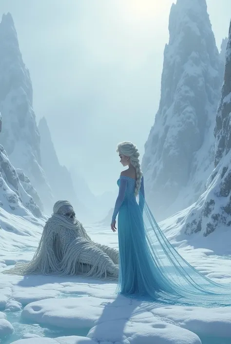 Elsa standing infront of unconscious sleeping horror mummy in snow place 