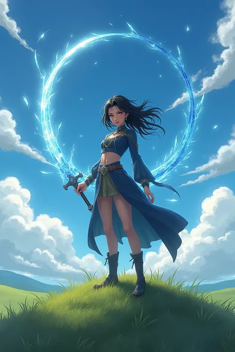 A teenager with disheveled dark hair and golden eyes who is a witch standing on a hill and surrounded by a flying ice sword 