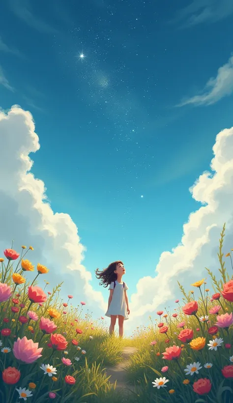 There is a girl standing in a flower field looking up at the sky, a girl standing in a flower field, a girl walking in a flower field, lost in a dreamy wonderland, standing in a flower field, fantastic digital painting, the sky gradually clears, the starry...