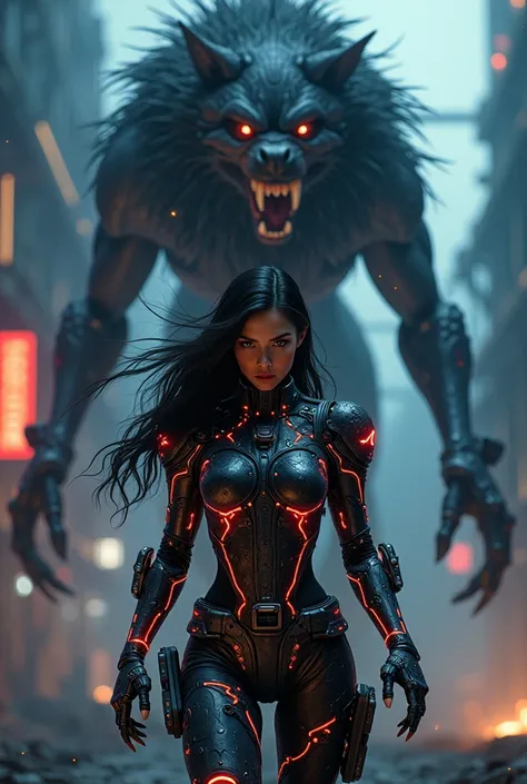 Cyberpunk themed film poster artwork, a beautiful long-haired female cyborg wearing a highly detailed etched ninja mask and tactical robot armor covered in a series of wires and glowing in complex patterned armor with purple glowing neon access wires, in G...