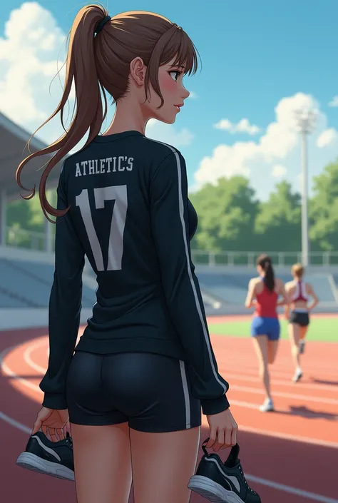 One with long ponytail hair ,  blouse wearing black mid-thigh sports shorts and a black long and tight sleeve blouse also with the number 17 and the name "Athletics" written behind the ,  she has a pair of running shoes in her hand , olhando atletas corren...