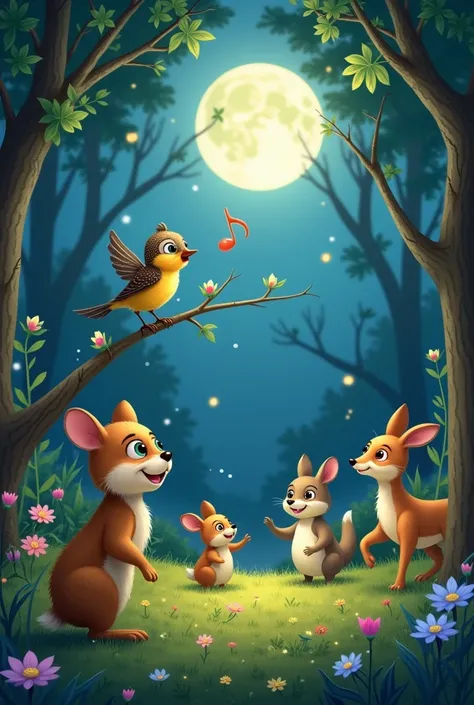 Create in a cartoon style  " A magical scene in a forest clearing illuminated by the silver light of the full moon . in the center,  a small thrush with shiny feathers is perched on a branch ,  with their wings open and singing an enchanting melody . Aroun...