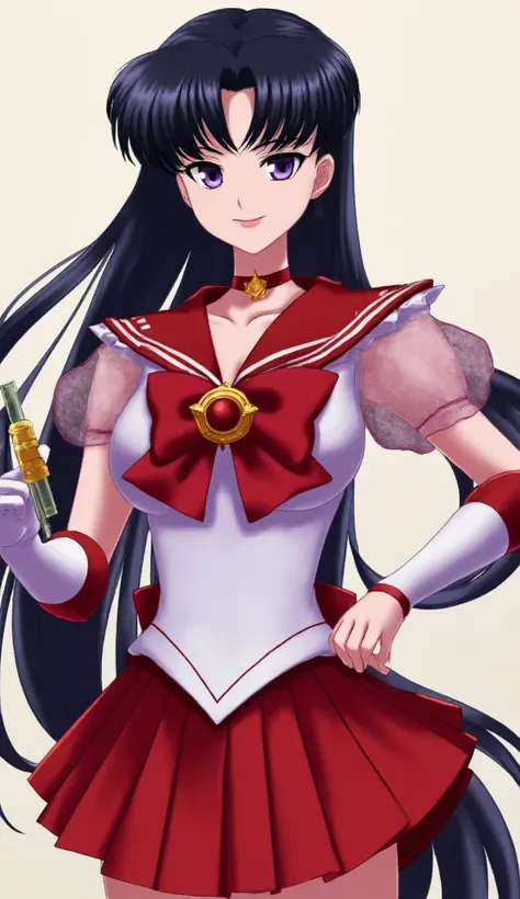 **Prompt**: "Create a realistic image of Sailor Mars from *Sailor Moon*, capturing every detail of her appearance with utmost accuracy. Sailor Mars has long, silky black hair that cascades down her back, reaching her waist. Her hair is straight, with sligh...