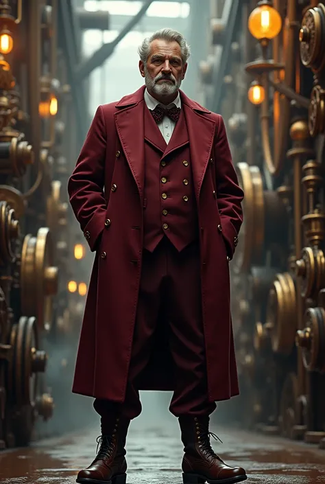 Victorian steampunk, Middle-aged man, burgundy jacket and trousers