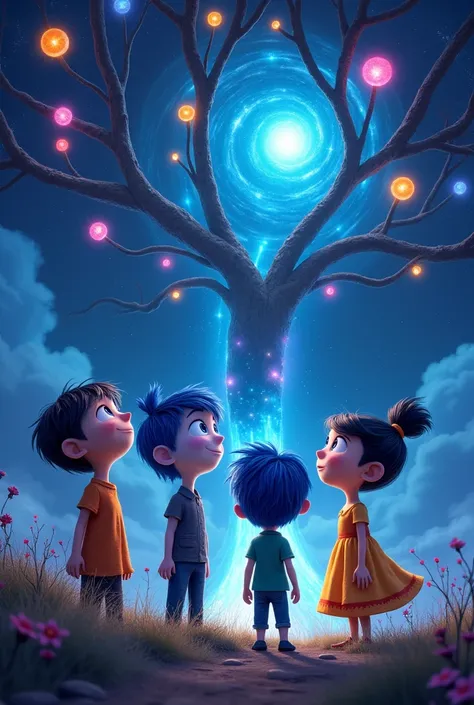 Characters based on the characters in Emotions Inside Out, Create a whimsical and enchanting scene where four ren, each with unique and vibrant appearances, stand beneath a cosmic tree whose branches extend like veins, glowing with colorful orbs of light. ...