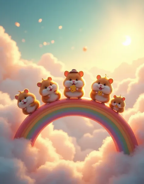 A whimsical and heartwarming scene featuring a group of chubby, fluffy hamsters waddling joyfully across a vibrant rainbow bridge that arches high above the clouds. The hamsters have an irresistibly adorable, 3D animation style, blending Pixar-like charm w...