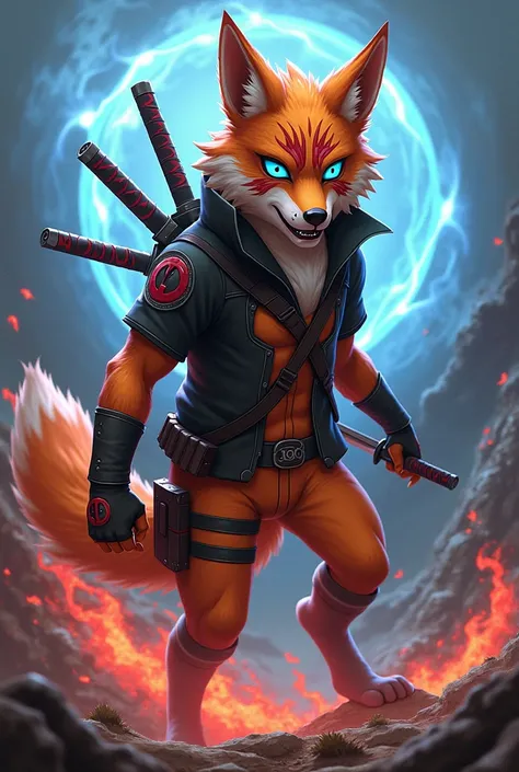 A striking hybrid animal combining Naruto and Deadpool traits, depicted as a sleek fox-wolf creature with nine faintly glowing tails. Its fur features a blend of orange and black with jagged red scars that resemble Deadpool’s mask pattern. The creature’s f...