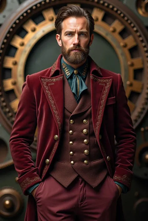 Victorian steampunk, 30-aged man, burgundy jacket and trousers