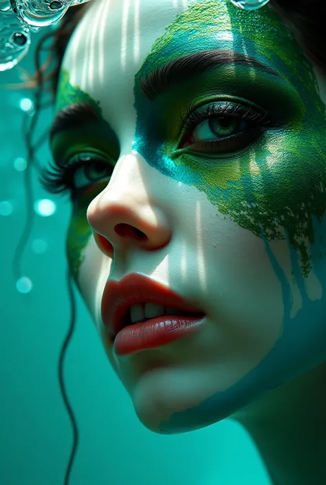 arafed woman with green paint and blue paint on her face, oil art photoshop, oil art manipulation, water manipulation photoshop, photoshop oil art, closeup fantasy with water magic, under water visual distortion, surreal oil art, wlop glossy skin, 8 0s sty...