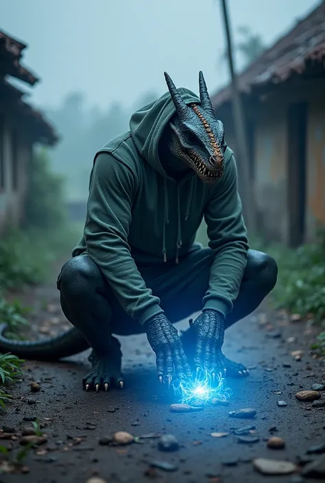 disaster location, very high quality photo, figure of a human body hybrid creature with a dragon head, dragon clawed hands, wearing a hoodie, squatting with his palms touching the ground and emitting a blue lightning effect, very detailed, in a corner of t...