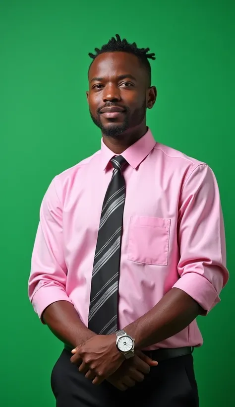 A professional portrait of an African man standing confidently against a solid green background. He has a clean and neat hairstyle with short braids, wearing a well saturated pure pink shirt, with a black and white tie. His hands are clasped in front of hi...