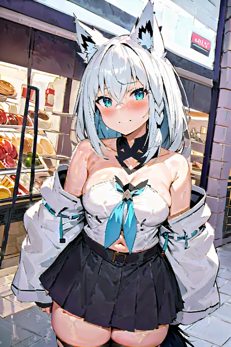 NSFW,masterpiece, best quality, high definition , Very detailed, Shirakami Fubuki( hololive ),Fox Ears, off-shoulder , out of your belly button, miniskirt, shopping mall