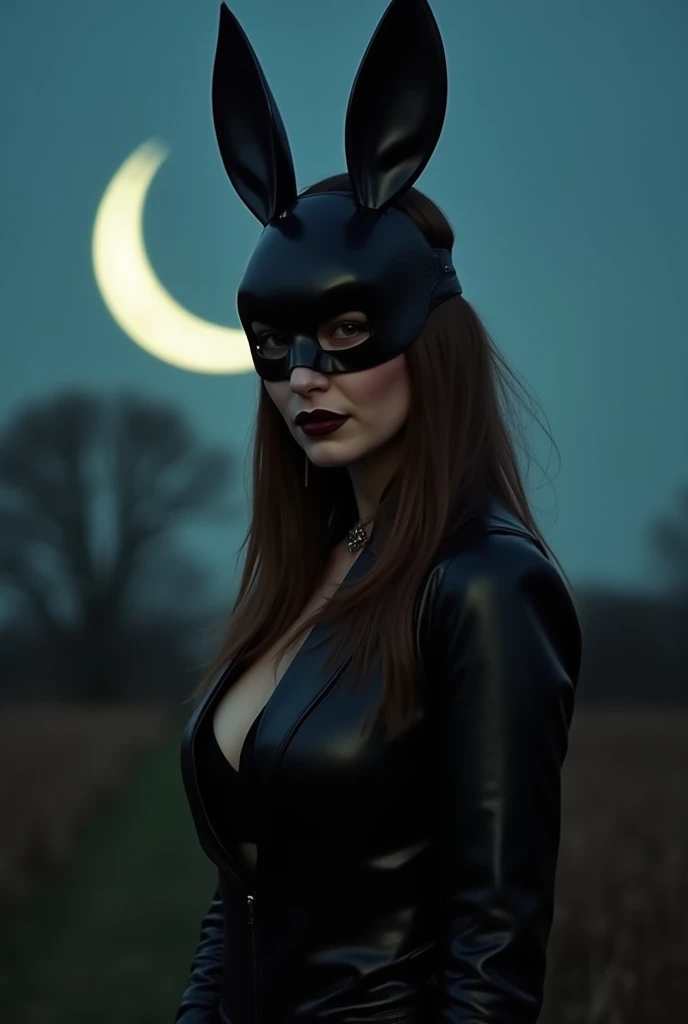 1 Female in her 40s, light brown long straight hair, long beautiful legs, full length, Super beautiful、Facial beauty、Vampire Princess、very pale skin, in black bdsm rabbit mask, black leather sexy clothes, minimal details, dark red lipstick, TA night with a...