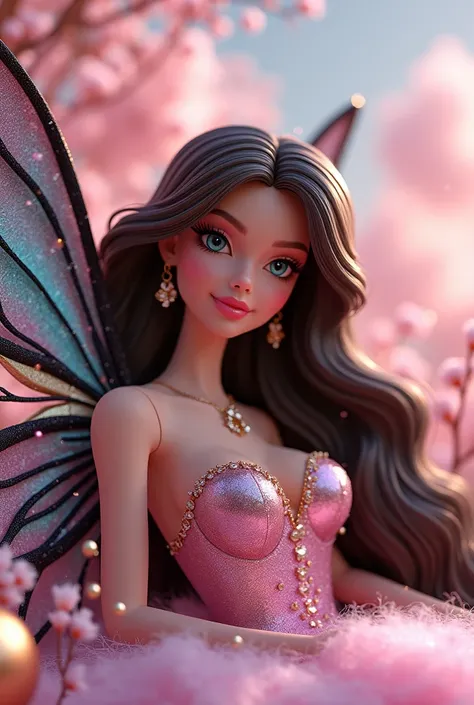 A beautiful brunette winter Fairy Barbie style 3d with amazing angelical expressions she got extra long hair color dark brown so shimmering she looks like goodness her eyes color turquoise crystalline like water reflection so sparkling with long eye lashes...