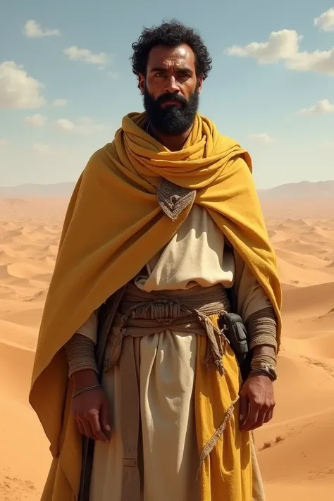 "Detailed portrait of a now free Bilal standing with pride, in front of a desert horizon, symbolizing a new beginning and dignity."
