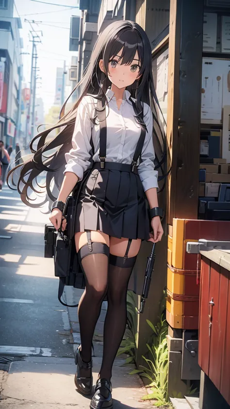 suspender gun holster longhair japanesewoman skirt handcuffed nīhai gātāberuto long socks garter belt animegirl backhandcuffed