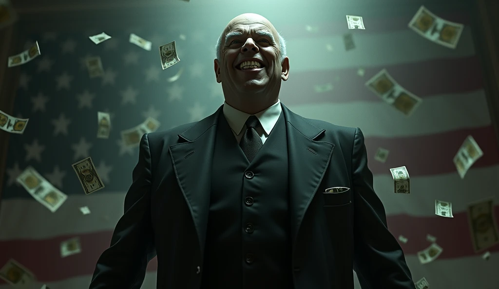  create a terribly frightening image of John Pierpont Morgan smiling,  an evil American banker , with dollar bills falling , And the flag of the United States in the background.