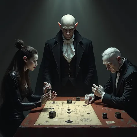 cubes, character sheet, table, dark elf, a vampire and an entity consisting of darkness in a formal suit