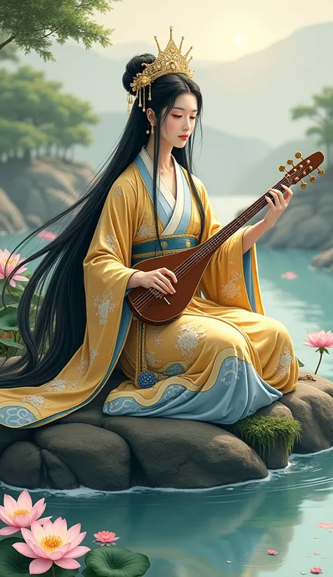  A graceful goddess with long, dark hair ,  adorned with a golden tiara with delicate ornaments .  Benzaiten wears a luxurious kimono in shades of gold , blue and white,  with patterns that resemble water waves .  She sits on a rock surrounded by a crystal...