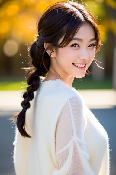 (8k, RAW photo, photorealistic, HQ, masterpiece), a cute Japanese woman, (glowing eyes), 
(laugh ), brown hair, fluffy side single (short) braid, (Autumn Stylish clothes), (), 
blurred background, depth of field, natural lighting, backlighting, face lightn...