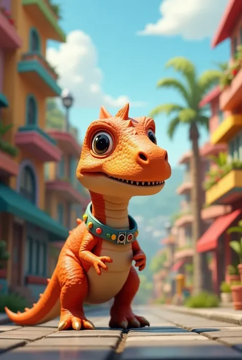 Prompt: "Little baby dinosaur, with a round face and wide curious eyes, wearing an attractive and vibrant collar, standing at the edge of a bustling downhill city, looking amazed at the colorful buildings and steep streets, in a 3D style