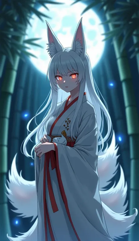  A mystical female figure ,  with silver hair and glowing eyes ,  wearing a white kimono with red details and patterns that mimic fox tails. Behind her,  several translucent tails shine slightly ,  representing her spiritual form .  Kitsune-no-Mae is in a ...