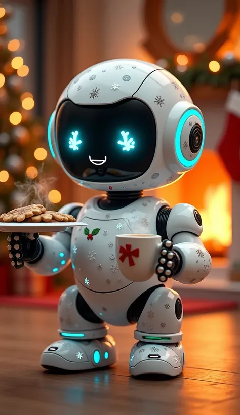 A cute, hyper-detailed robot designed to assist with holiday preparations. Its round, white body is covered with festive designs like snowflakes, mistletoe, and candy canes, all glowing softly. The robot has tiny robotic arms holding a plate of Christmas c...