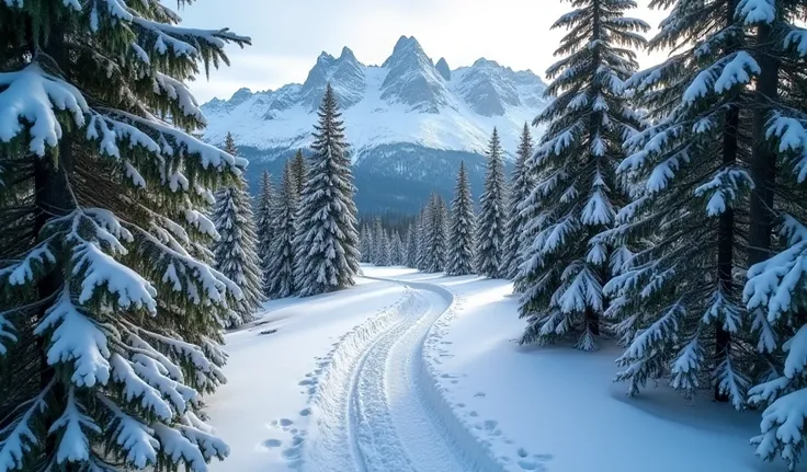 Path in a snowy pine forest with mountain views. Realistic photo. drone view