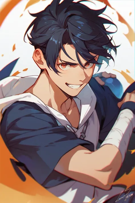  Bomb Demon Young Man Smiles, solo,  black hair, 