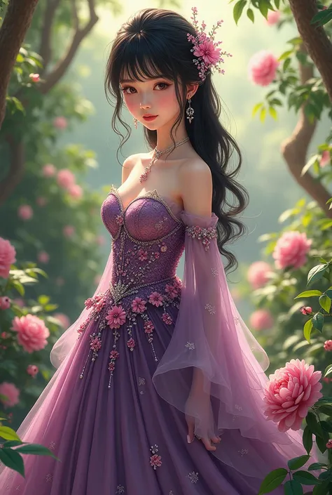 Japanese girl wearing a gorgeous dress at the garden dress make flowers pearl stone purple color gown 