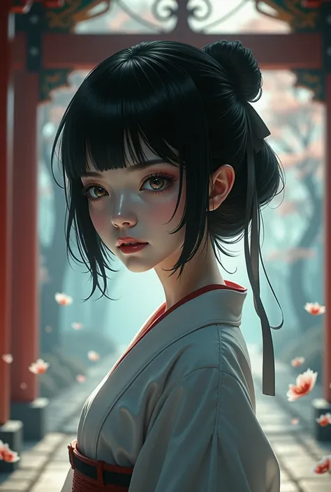  Japanese， pretty girl，Beauty，Shrine maiden，Oriental， pretty girl with big eyes，Japanese Beauty，Mysterious Woman，fantastic beauty ， black hair，Short Hair，ribbon，