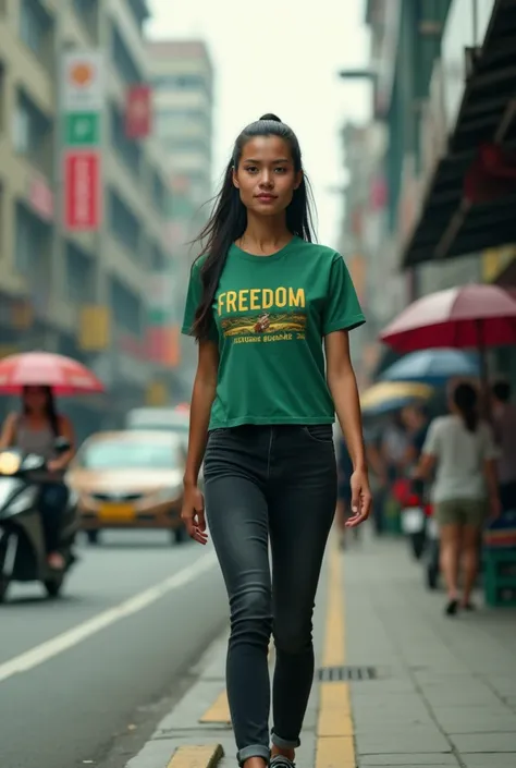 realistic, cinematic, Close-up, a beautiful Indonesian woman is walking on the sidewalk of a city street with a background of buildings, roads, pedestrians and vehicles on the road. He wore a green t-shirt with freedom logo, black jeans and sports shoes. S...