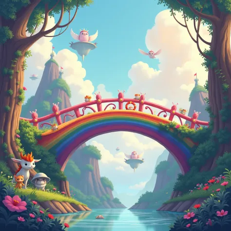 Rainbow Bridge, Bridge like Rainbow, colorful Bridge, depicted in a Whimsical Fainytale lllustration, with charming characters and fantastical settings, Use soft, pastel to bring out the lighthearted and magical nature of the scene