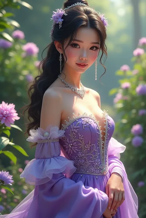 Japanese girl wearing a gorgeous dress at the garden dress make flowers pearl stone purple color gown  look like realistic 