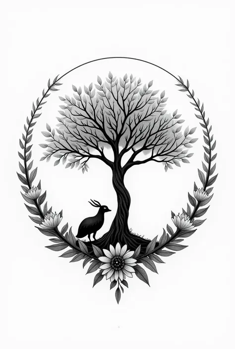 Crée moi un tatouage circulaire avec un arbre de vie au dessus et un saule pleureur en dessous tout les deux entouré du cercle en fleure en noir et blanc