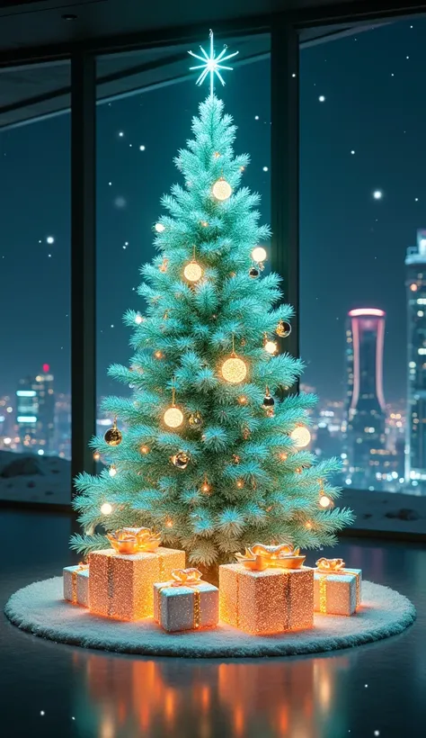 A hyper-realistic portrait of a futuristic holographic Christmas tree floating in mid-air. The tree glows with shifting colors—green, blue, and gold—made entirely of light particles that flicker like tiny stars. The ornaments are digital, animated hologram...