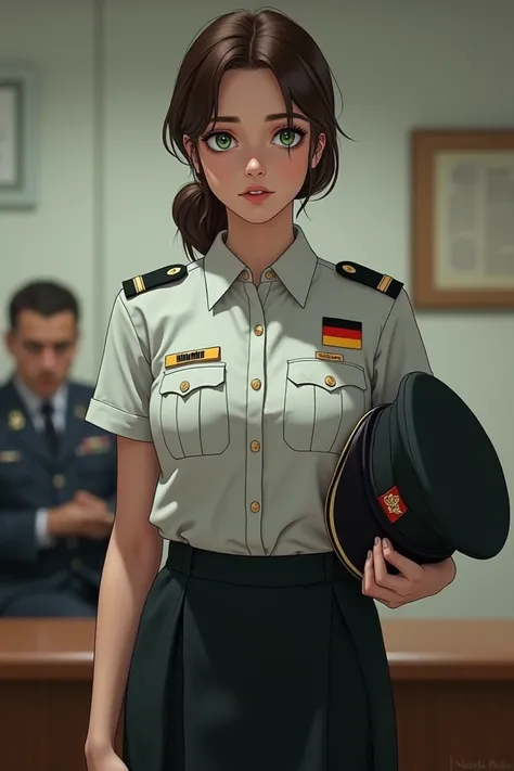 German female young turkish bundeswehr recrut, standing at attention in front of a desk pov of behind the desk. It is a small buero, her uniform contains a white shirt and a black skirt. She wears her military hat under her left arm. She wears light make u...