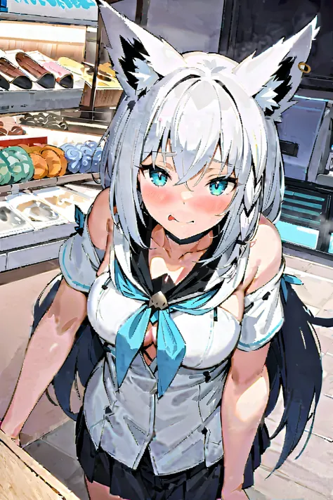 NSFW,masterpiece, best quality, high definition , Very detailed, Shirakami Fubuki( hololive ),Fox Ears, off-shoulder , miniskirt, shopping mall