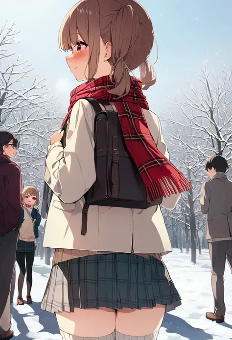 (masterpiece),(  best quality ), cute, brown hair,      ponytails bleeding from the vagina,（  small breasts）,  ネイビーブルーのwinter用コート  ,     red ribbon,     light blue gingham check mini skirt ,    Burberry Check Scarf    ,  Knee Socks ,  school bag hanging fr...