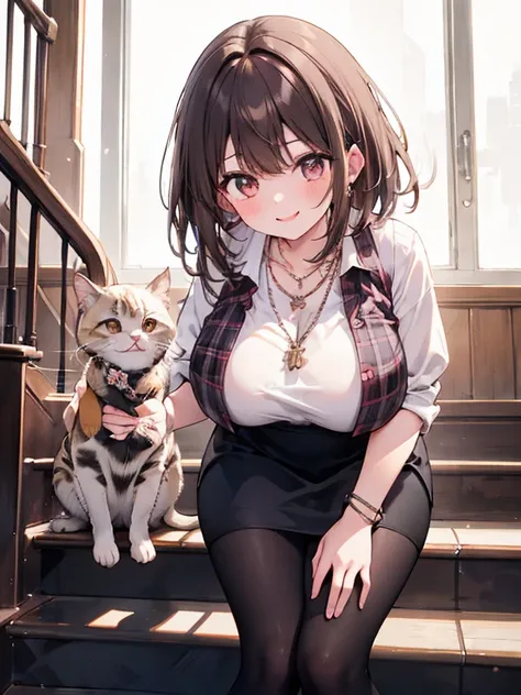  1 girl,  brown hair,  office lady holding kittens,  Big Breasts ,  wearing a pink plaid vest, Wearing a white shirt ,  gray pencil skirt , wear black tights,  Necklaces ,  earrings for a woman alone,  cute face, smile,  blanking,  brown hair, Sitting on t...