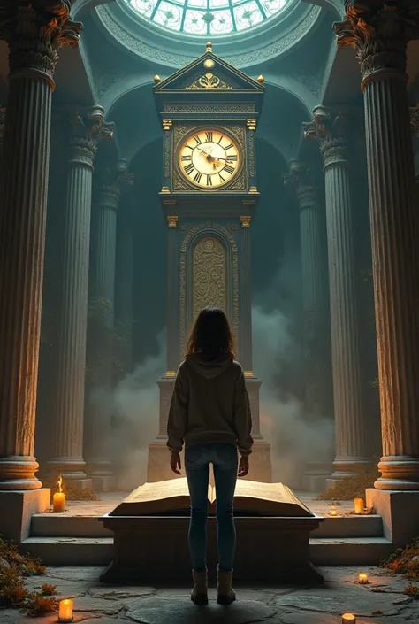 An American girl in jeans and hoodie. She should be standing before in a closed Grimoire on a Greek style alter placed in the middle. The surrounding should depicted elements of clock and time. There should be a bold grandfather clock.