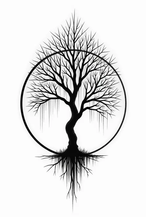 Create me a circle tattoo with a tree of life above and a weeping willow tree below both surrounded by the black and white circle